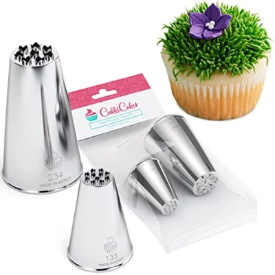 Bild av CukkiCakes Uppsättning av 2 professionella spritstyllar gräs (133 och 234) för att dekorera tårtor cupcakes (gräslökar) tyllar kompatibla med spritpåse/spritspåse Tillverkad i Korea