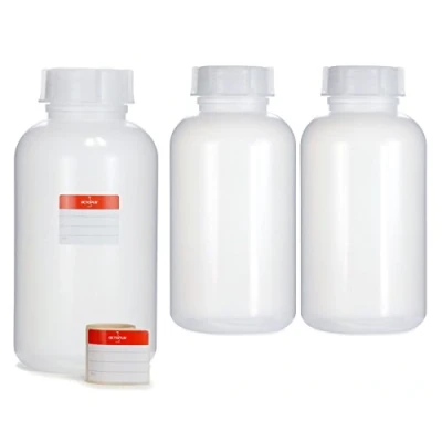 Bild av 3x 2000 ml flaskor med bred hals av LDPE skruvlock, tomma 2 liters kemiska flaskor, laboratorieflaskar lock som förvaringsbehållare för laboratorium, kök eller hobby