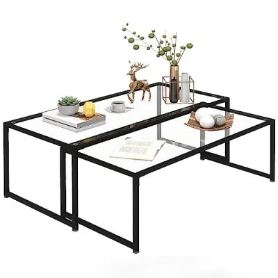 Bild av HOMCOM Set med 2 utdragbara rektangulära vardagsrumsbord i stål och svarta härdat glasskivor