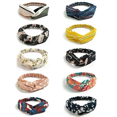 Bild av DRESHOW 10 Paket Boho Pannband för Kvinnor Vintage Blomma Tryckt Criss Cross Knotted Elastiskt Hårband Stretchy Head Wrap Twisted Cute Hårtillbehör