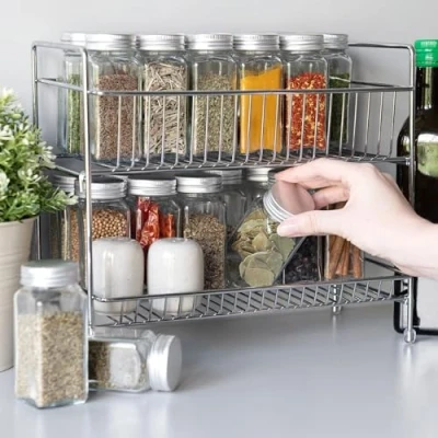 Bild av Navaris Kryddställ med 2 nivåer köksbänkskiva, fristående organiserare för kryddor, örter, kryddor metallförvaringsstativ ingredienser silver