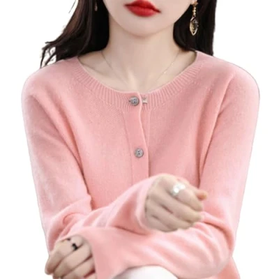 Bild av TeysHa Kashmir cardigan för kvinnor, ull Crew Neck Button Down långärmad tröja, mjuka varma stickade elastiska tröjor, Ljusrosa, L
