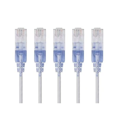 Bild av Monoprice SlimRun Nätverkskabel, Cat6A, ethernetkabel, patchkabel, RJ45, flertrådig ledare, UTP, ren bar koppartråd, 30 AWG, 15 cm (0,5 fot), vit, 5 pack