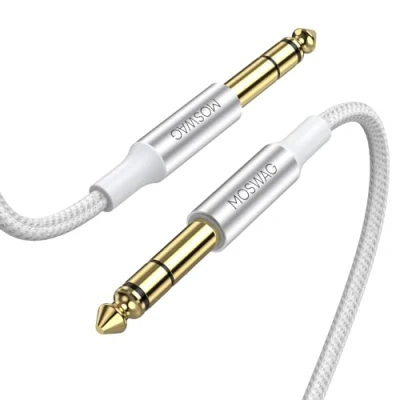 Bild av MOSWAG kabel 6,35 mm till stereo 10 m, professionell nylonflätad elektrisk gitarrkabel, silver kopparkärna, 1/4 tum TRS för gitarr, bas, amp, tangentbord