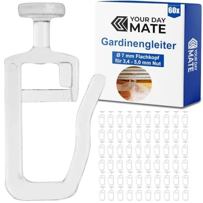 Bild av Your Day Mate Gardiner för innerskenor, 60 stycken, med 7 mm runt huvud, transparent, gardinskenor 3 4 löpbredd och 8 x löpkammare, veckade glider gardinskenor, gardinkrokar