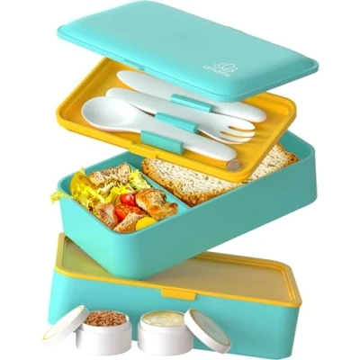 Bild av Umami Allt i ett bentolåda på 1 200 ml för vuxna/barn med såsburk och 4 bestick, BPA fri lunchlåda män/kvinnor, 2 meal prep lådor, mikrovågsugn, diskmaskin frys