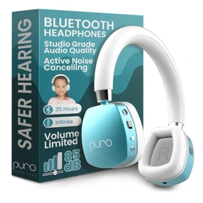Bild av Puro Sound Labs PuroQuiet Plus Volume Limited On Ear Active brusreducerande Bluetooth hörlurar för barn med inbyggd mikrofon säkrare ljudkvalitet i studiokvalitet (blågrön)