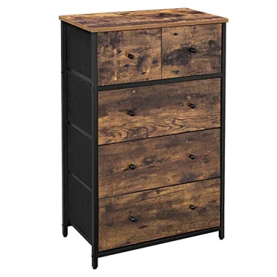 Bild av SONGMICS Byrå, förvaringsmöbler, med 5 lådor i tyg, industristil, för vardagsrum, entré, hall, barnrum, rustikt brun, svart LGS45H