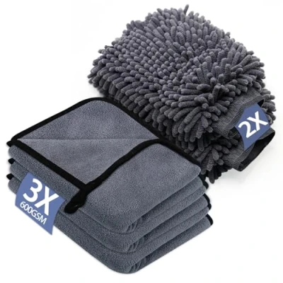 Bild av YSWOVUO 5 stycken bilvårdsset med 3 mikrofiberhanddukar bil och 2 st mikrofibertvätthandske bil, 600 GSM biltorkduk extra absorberande 100 % repfri skonsam, för bilpolering (40 x 30 cm)