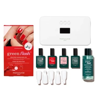 Bild av Manucurist Green Flash Slim Gel Varnish kit 36 W LED lampa med baslack + topplack 2 gelfärger: Poppy Red &amp; Hortencia lack borttagningsmedel nagelklämmor damgåva