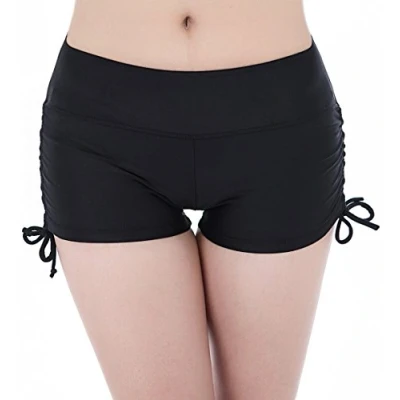 Bild av FLYILY Sportbadshorts för kvinnor med justerbar dragsko mini pojkshorts bikini badkläder tankini underdel (FBA), Svart, L