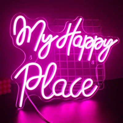 Bild av SIGNSHIP My Happy Place neonskylt LED neonljus används för väggdekoration, USB drivna rosa bokstäver akrylkonst väggdekoration sovrum, spelrum, vardagsrum, bar