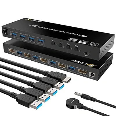 Bild av KVM HDMI Switch 4 Ports, USB 3.0 Selector Box With EDID Emulator Support 4K@60Hz Resolution for Computers Share Mouse Keyboard and Monitor