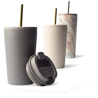Bild av MAMEIDO termomugg med sugrör 470ml Dryckesmugg lock och tillverkad av rostfritt stål dubbelväggig isolerad, läckagesäker Coffee to go mugg (Taupe Grey, 0,47l)