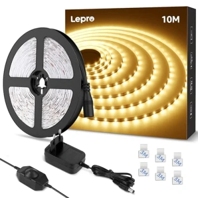 Bild av Lepro LED remsa 10 m varm vit, vit 3 000 K dimbar, 600 lysdioder 2835 band självhäftande, superljus ljusband list med strömförsörjning, ljuskedja kedja för inomhus kök hem dekoration