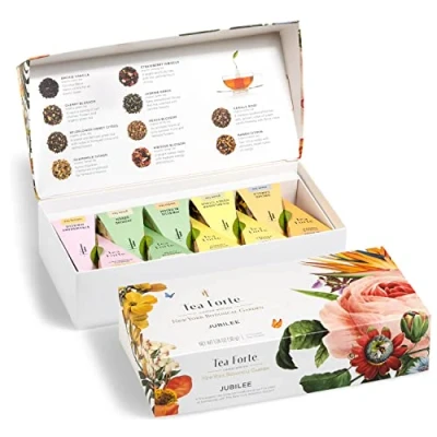 Bild av Tea Forte, Jubilee Petite Presentation Prover Presentbox, Pyramid Infusers med ekologiska lösblad, Grönt, Svart, Vit, Blandat örtte, 1 antal (förpackning 1)