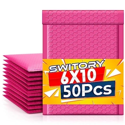 Bild av Switory vadderade kuvert i A5 format, 50 stycken, 15,3 cm x 22,9 (6 10 tum), rosa bubbelkuvert polyeten, små bubbelkuvert, och fodrade kuvert, självförsegling, för förpackning