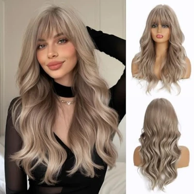 Bild av Esmee 24 tum Brun Blond Askgrå syntetisk naturlig långvågig peruker med snygga pannor för kvinnor