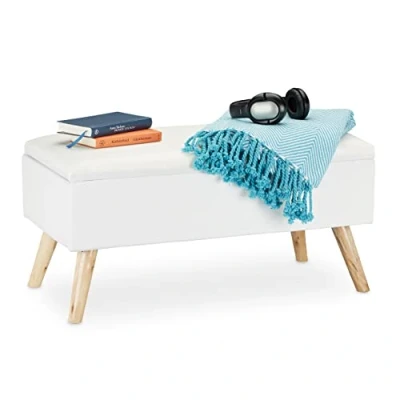 Bild av Relaxdays hall förvaringsbänk, vadderad, träben, tygskydd, H x B D: 39,5 79,5 cm, vit
