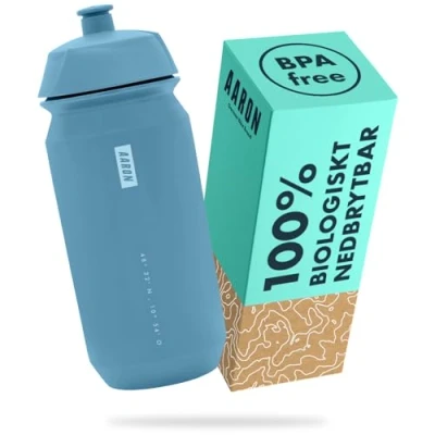 Bild av AARON ECO vattenflaska 100 % biologiskt nedbrytbar, 500 ml, lätt och läckagesäker, praktisk BPA fri för sport, fitness, vandring, utomhus i blått