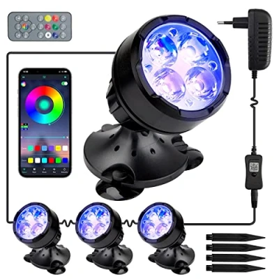 Bild av GreenSun Poolbelysning undervattens LED ljus, vattentätt pool undervattensljus RGB flerfärgsvariation med Bluetooth fjärrkontroll för trädgård, pool, akvarium, telefonstyrbar dykljus, spotlight