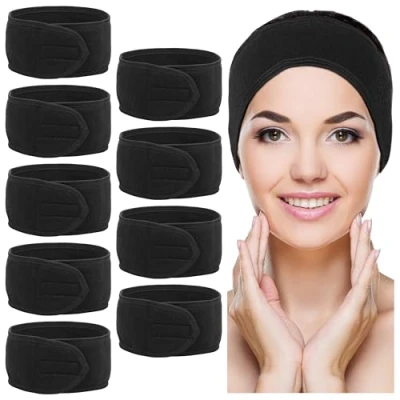 Bild av Belle Vous 10 pack svarta spa hårband för ansiktet väsittande sminkpannband justerbart frottéband ansikte och dusch handduk som skyddar hår huvud vid tvätt, yoga, bad sport