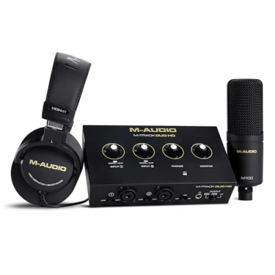 Bild av M AUDIO Track Duo HD Ljudgränssnitt, M100 Kondensatormikrofon och HDH41 Studiohörlurar för Inspelning, Producenter, Innehållsskapare Poddsändningar