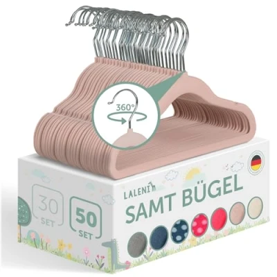 Bild av Laleni set om 50 smala barnklädeshängare med sammetsöverdrag halkfria barnklädeshängare, platsbesparande babyklädeshängare, 360 svängbara, puderrosa