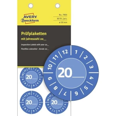 Bild av Blå inspektionsetiket Ø30 mm med årstal 20__ til selv at udfylde, Vinyl (10 ark x 8 stk.)