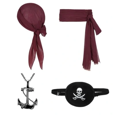Bild av FUIPVGI 4 st piratkapten kostymtillbehör, piratbandana och skärp bälte, ögonlapp ankare hängsmycke, renässans Kapten piratdräkt, pirattillbehör för halloween piratfest (vinröd)