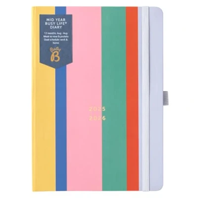 Bild av Busy B Diary A5 Mid Year Academic Life Weekly Journal Aug &#039;25 &#039;26 Multi Stripe Cover Lifeplanner med dubbla schedules, Calendar, Pen Loop, fickor och Elastisk stängning