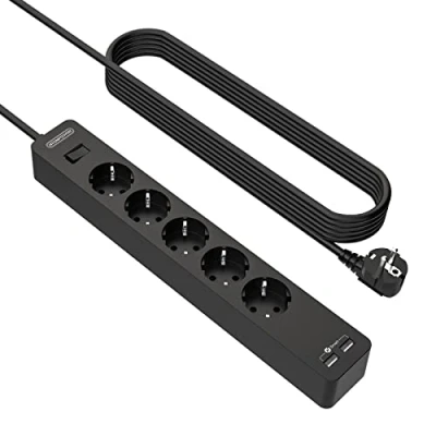 Bild av 5 vägs grenuttag, 3 m med USB, NTONPOWER flera uttag, överspänningsskydd, väggmontering, använd lim, lång förlängningskabel barnsäkring, svart, flerdelad
