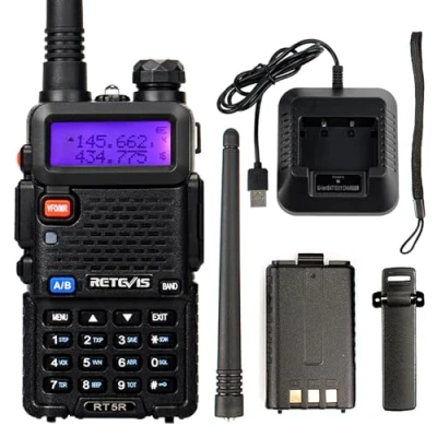 Bild av Retevis RT5R Walkie Talkie Dual Band, 128 Kanaler Uppladdningsbar Walky Talky, Handhållen Sändtagare med FM Radio, Bärbar 2 Vägs Radio för Jakt, Radioamatör, Nödsituation, Rädda (Svart, 1St)