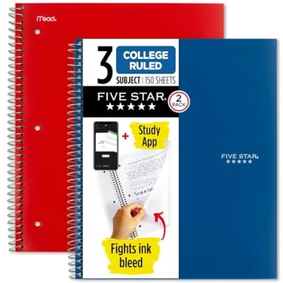 Bild av Five Star Spiral Notebooks Plus Study App, 2 pack, 3 ämne, College linjerat papper, 11 tum x 8 1/2 tum, 150 ark, blå och röd (38502)