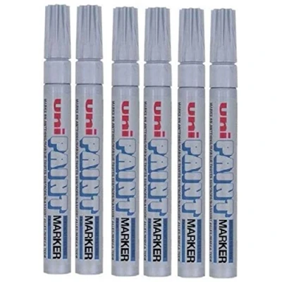 Bild av Uni färg medium (2,22,8 mm) PX 20 silveroljetjackmarkör penna metall glas trä plast sten utomhus mm kula spets (paket med 6)