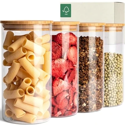 Bild av KIVY förvaringsburkar glas set [4 x 1200ml] högkvalitativa glasbehållare med lock tillverkade av hållbar bambu för müsliförvaring burkar