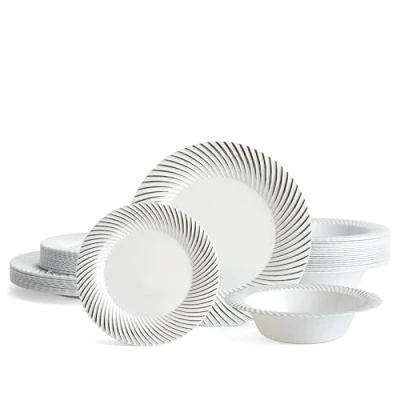 Bild av MATANA 96 st vit bordsservis i plast med silverkant 32 middagstallrikar, sidotallrikar, skålar elegant och återanvändbar servis för fester, bröllop, födelsedag, picknick