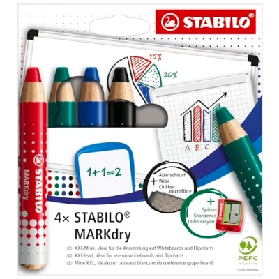 Bild av Whiteboard och blädderblock Stabilo MarKdry 4 pack med pennvässare torkduk fyra olika färger