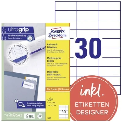 Bild av AVERY Zweckform 3489 universella etiketter (3 000 självhäftande etiketter, 70 x 29,7 mm på A4, matt papper, individuellt tryckbart, klistermärken med ultragrepp) 100 ark, vit