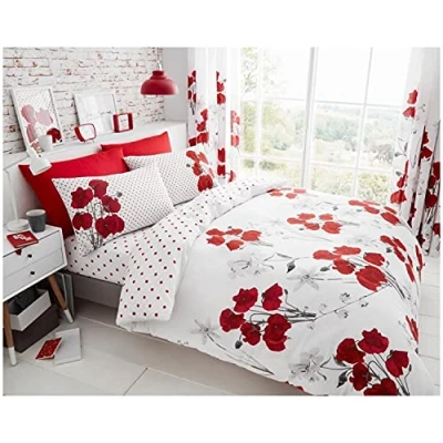 Bild av Gaveno Cavailia röd vallmo blommig enkel filt vändbar skötsel bomullsblandning 2 delar sängkläder Set Double Duvet Poppy Red