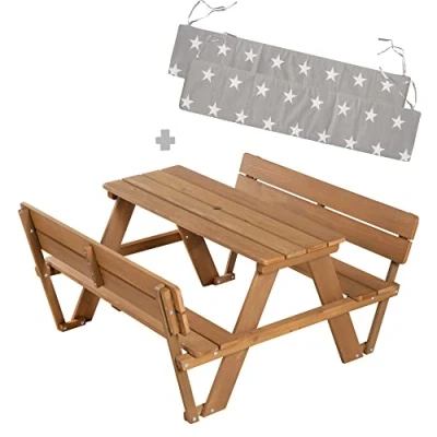 Bild av roba Barnutemöbel+ Sittgrupp Picknick för 4 med ryggstöd &amp; Sittkuddar Trädgårdsbarns platser av väderbeständigt trä Teak