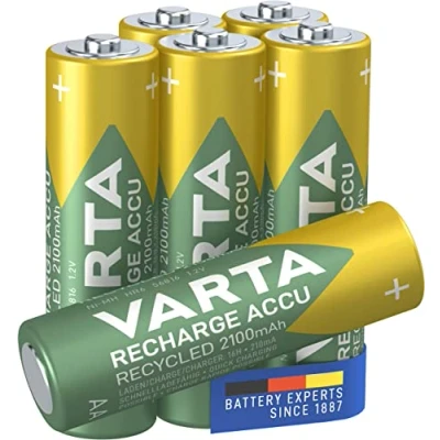 Bild av VARTA Recharge batteri återvunnet (uppladdningsbart, redo att använda förladdat AA Mignon NI MH (2 100 mAh), tillverkat av 11 procent material, utan minneseffekt) 6 pack