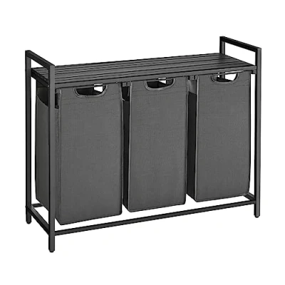 Bild av VASAGLE tvättkorg 3 fack, tvättuppsamlare med hylla, tvättlåda, tvättpåse av Oxfordtyg, utdragbar, avtagbar, metallram, x 38 L, 92,5 33 72 cm, svartgrå BLH301G01