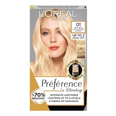 Bild av L&#039;Oréal Paris permanent hårfärg för blondering av håret, hårfärgningsset med färg och färgglans vård balsam, Préférence Le Blonding, 01 mycket ljus naturlig blond, flerpack