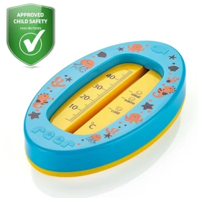 Bild av reer Babybadtermometer oval barnsäker badtermometer optimal badtemperatur för badkaret kvicksilverfri högt mätområde tydlig skala blå