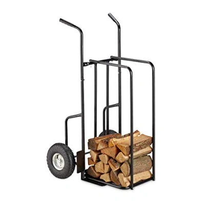 Bild av Relaxdays XL Vedvagn metall, vedkärra med 2 stora hjul, upp till 200 kg, transport och förvaring, svart