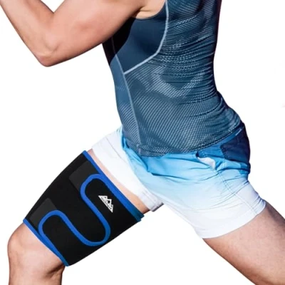Bild av supregear Lårstöd, Justerbar Lårkompressionshylsa Neopren Hamstring Quad Wrap Andas Halkfri övre Benstag Ben Smalare för Kvinnor Män Dragna Ljumskemuskler, Quadriceps, Blå