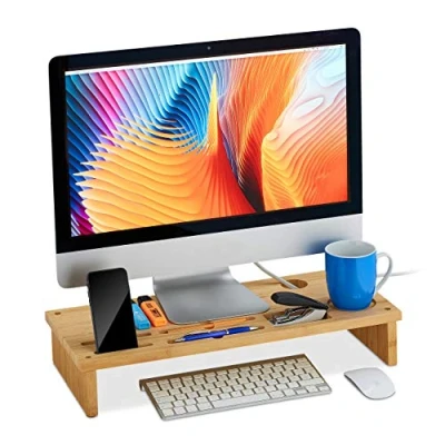 Bild av Relaxdays Bambu monitorstativ med hyllor, fristående, skärmhöjd för skrivbord, HBT: 9 x 54 23 cm, natur
