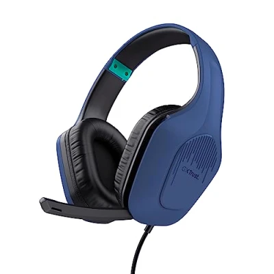 Bild av Trust Gaming GXT 415B Zirox lättviktigt spelheadset med 50 mm drivrutiner för PC, Xbox, PS4, PS5, Switch, Mobile, 3,5 uttag, 2 m kabel, vikbar mikrofon, over ear kabelanslutna hörlurar blå