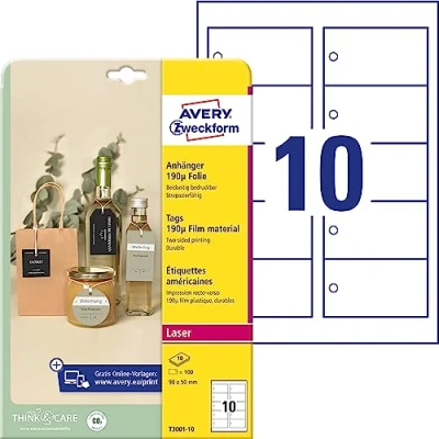 Bild av AVERY Zweckform T3001 10 stabila hängen 100 stycken inkl. snören (90 x 50 mm till A4, tryckta produkthängen, på båda sidor, rivbeständiga, slitstarka presentetiketter, prislappar) folie, vit